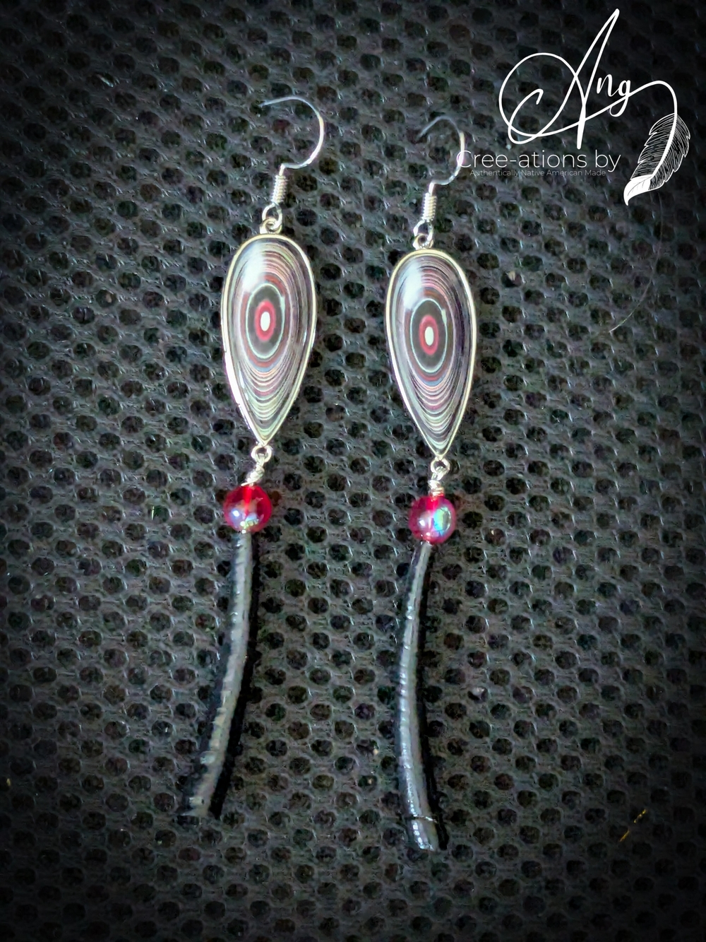 Tribal Abstract Art Red Teardrop Black Dentalium Shell Earrings